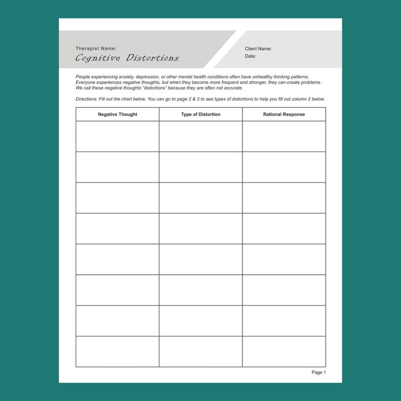 Cognitive Distortions Worksheet | Fillable PDF for Mental Health Professionals_BrainAcademy.store