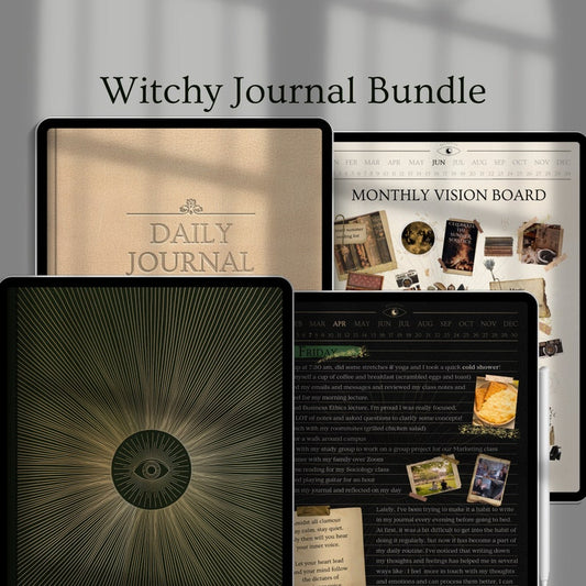 Digitales Witchy-Bundle: Tägliche Notizbücher, Aufkleber, Tagebücher