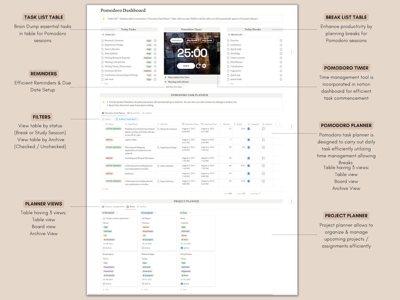 Notion Template for Pomodoro Productivity and Time Management_BrainAcademy.store