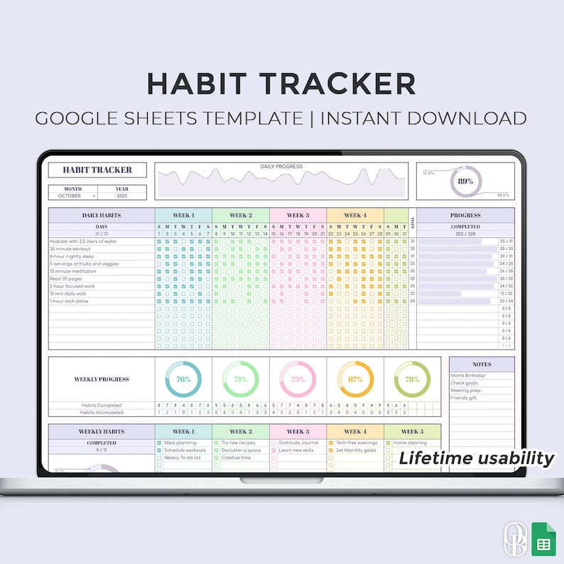 Habit Tracker - Lifetime Use for Daily, Weekly, Monthly Habits (Google Sheets Template)_BrainAcademy.store