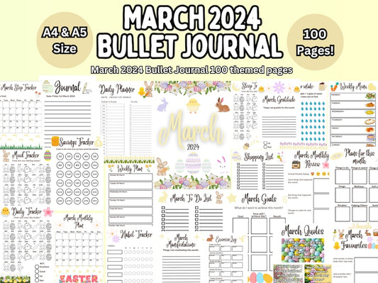 2024 Advanced March Bullet Journal Digital Planner: 100 Pages, Design 1_BrainAcademy.store