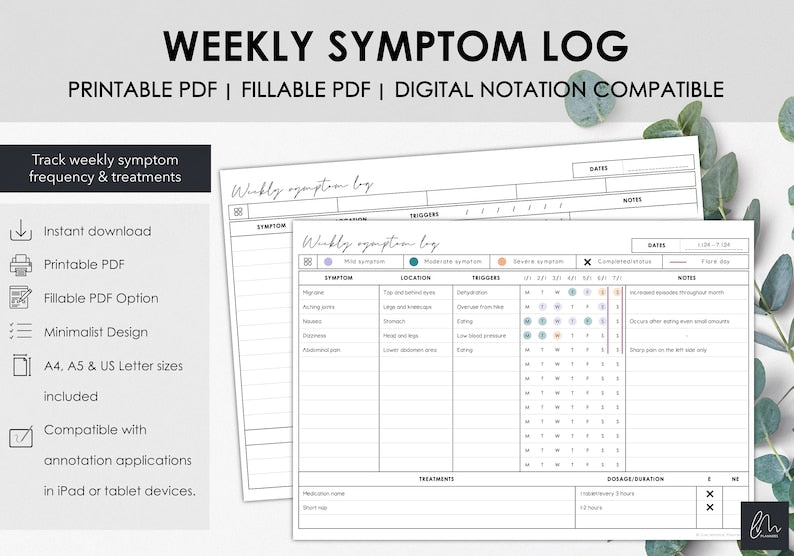 Printable Weekly Symptom Tracker: Chart Chronic Symptoms_BrainAcademy.store