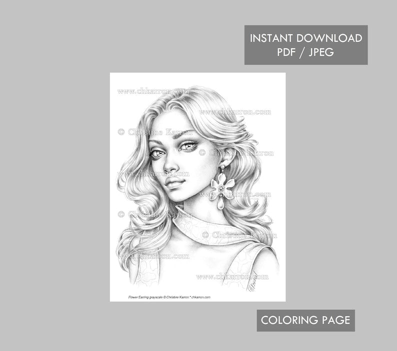 Grayscale Christine Karron Earring Flower Coloring Page_BrainAcademy.store